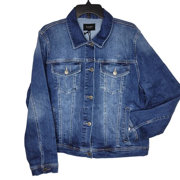 Risen Dark Blue Distressed Button Up Denim Trucker Jacket NEW Size 1X - Picture 1 of 4